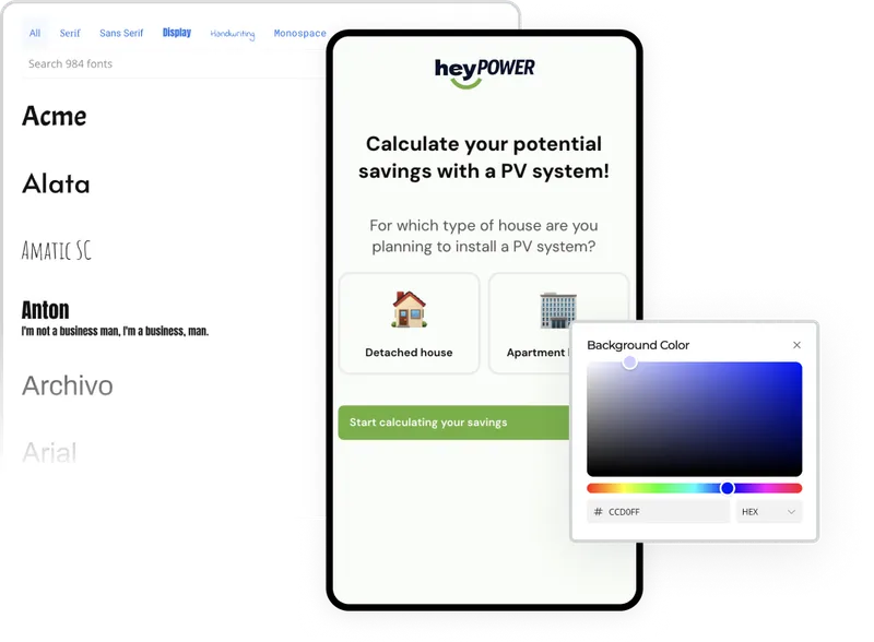 Screenshot eines mobilen HeyPower-Flows mit zusätzlichen Einstellungen für Schriftarten und Hintergrundfarbe