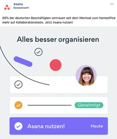 Screenshot einer Meta Anzeige von Asana auf deutsch