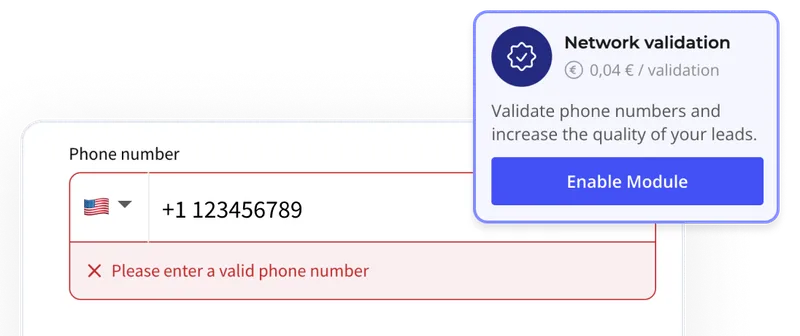 Heyflow Telefonnummer Validierung, die eine Fehlermeldung zu einer inkorrekten Nummer zeigt