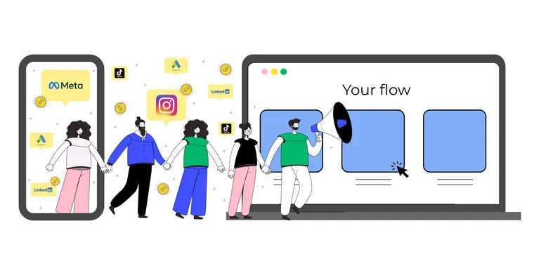 Illustration, die zeigt, wie Nutzer:innen durch Anzeigen auf einem Flow landen
